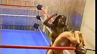Topless interracial pro style wrestling with body slams